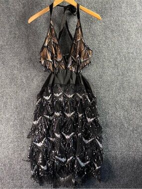 Black One-Shoulder Beaded Fringe Cocktail Dress